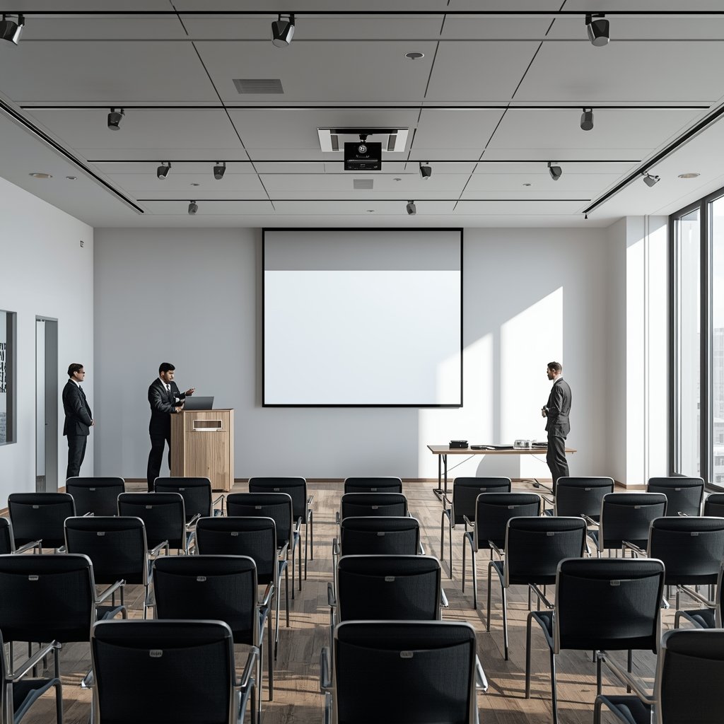 Moderner Seminarraum mit Grossleinwand und IT-Techniker bei der Installation - Upchain Medientechnik